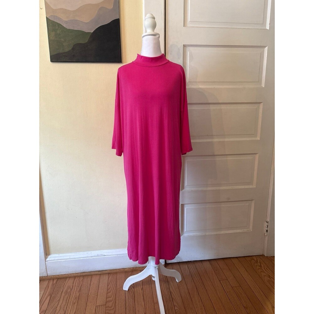 Womens dress boxy modest mock neck turtleneck side slit pink casual trad wife